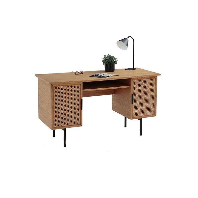 Lindy Rattan Office Desk in Oak Finish – Modern Wooden Home Office Study Desk with Rattan Detail & Steel Legs - Sleek Furniture