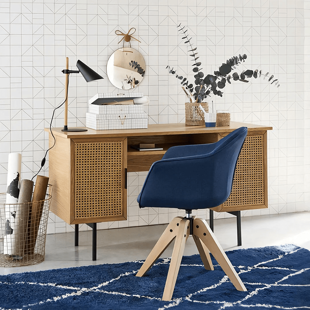 Lindy Rattan Office Desk in Oak Finish – Modern Wooden Home Office Study Desk with Rattan Detail & Steel Legs - Sleek Furniture
