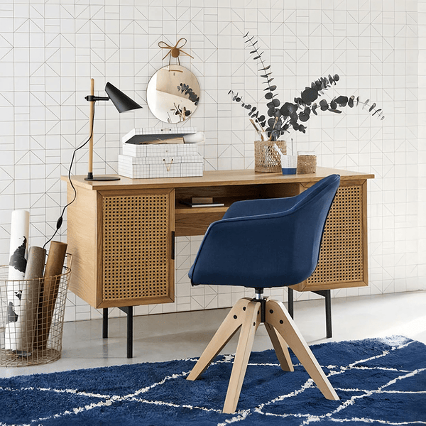 Lindy Rattan Office Desk in Oak Finish – Modern Wooden Home Office Study Desk with Rattan Detail & Steel Legs - Sleek Furniture