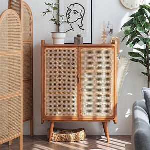 Lipa Small Sideboard Cabinet – Solid Wood & Rattan Storage Unit, Cherry Finish Modern Contemporary Cabinet for Living Room, Hallway & Bedroom - Sleek Furniture