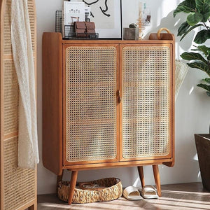 Lipa Small Sideboard Cabinet – Solid Wood & Rattan Storage Unit, Cherry Finish Modern Contemporary Cabinet for Living Room, Hallway & Bedroom - Sleek Furniture