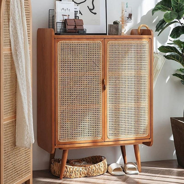 Lipa Small Sideboard Cabinet – Solid Wood & Rattan Storage Unit, Cherry Finish Modern Contemporary Cabinet for Living Room, Hallway & Bedroom - Sleek Furniture