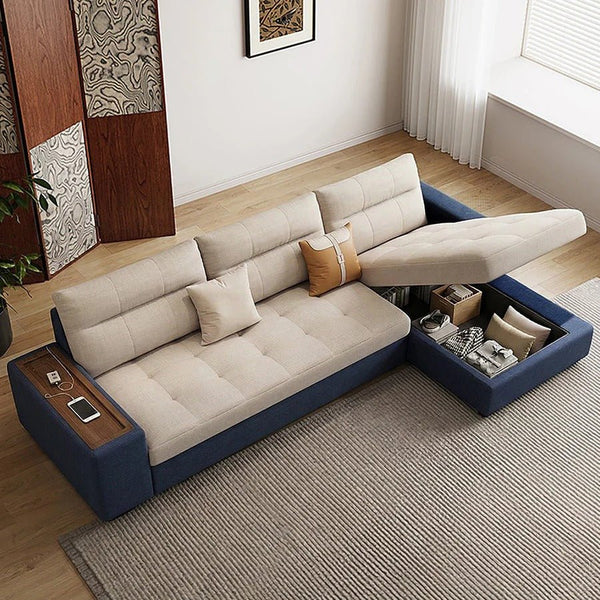 Lobo Sectional Sofa Bed with Storage – Chaise Lounge Convertible Sofa Bed, Linen Upholstered Corner Couch with High Density Sponge, Solid Wood Frame, Space Saving Living Room Sofa - Sleek Furniture