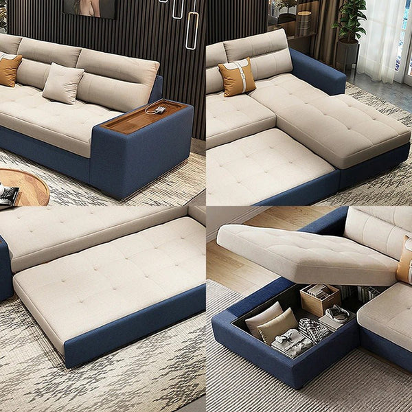 Lobo Sectional Sofa Bed with Storage – Chaise Lounge Convertible Sofa Bed, Linen Upholstered Corner Couch with High Density Sponge, Solid Wood Frame, Space Saving Living Room Sofa - Sleek Furniture