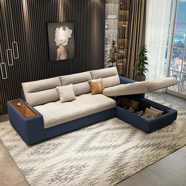 Lobo Sectional Sofa Bed with Storage – Chaise Lounge Convertible Sofa Bed, Linen Upholstered Corner Couch with High Density Sponge, Solid Wood Frame, Space Saving Living Room Sofa - Sleek Furniture
