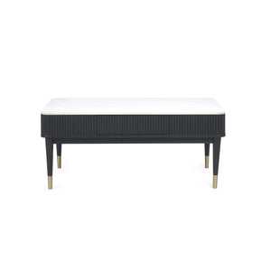 Louis Black Fluted Coffee Table with White Stone Effect Top & 2 Push-Touch Storage Drawers - Sleek Furniture