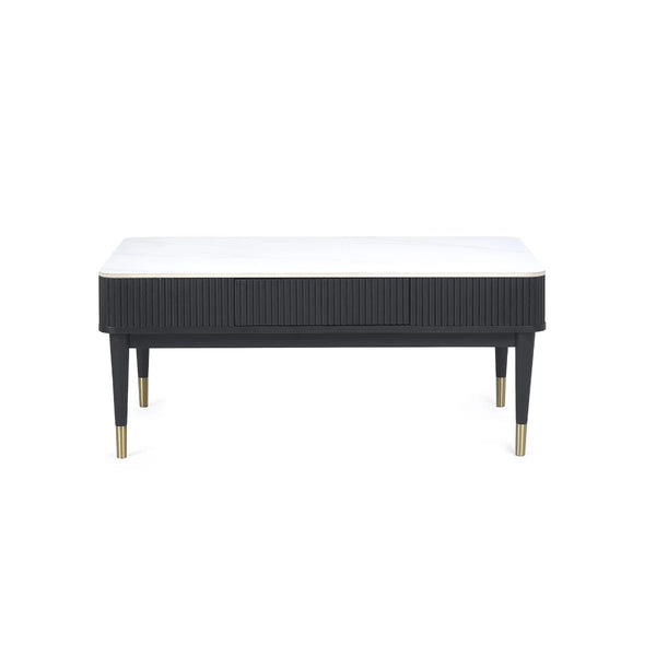 Louis Black Fluted Coffee Table with White Stone Effect Top & 2 Push-Touch Storage Drawers - Sleek Furniture