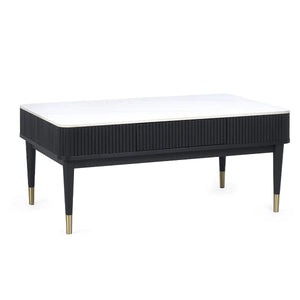 Louis Black Fluted Coffee Table with White Stone Effect Top & 2 Push-Touch Storage Drawers - Sleek Furniture
