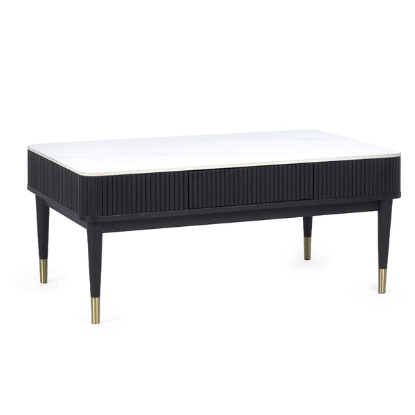Louis Black Fluted Coffee Table with White Stone Effect Top & 2 Push-Touch Storage Drawers - Sleek Furniture