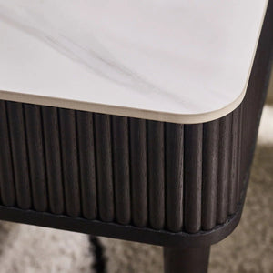 Louis Black Fluted Coffee Table with White Stone Effect Top & 2 Push-Touch Storage Drawers - Sleek Furniture