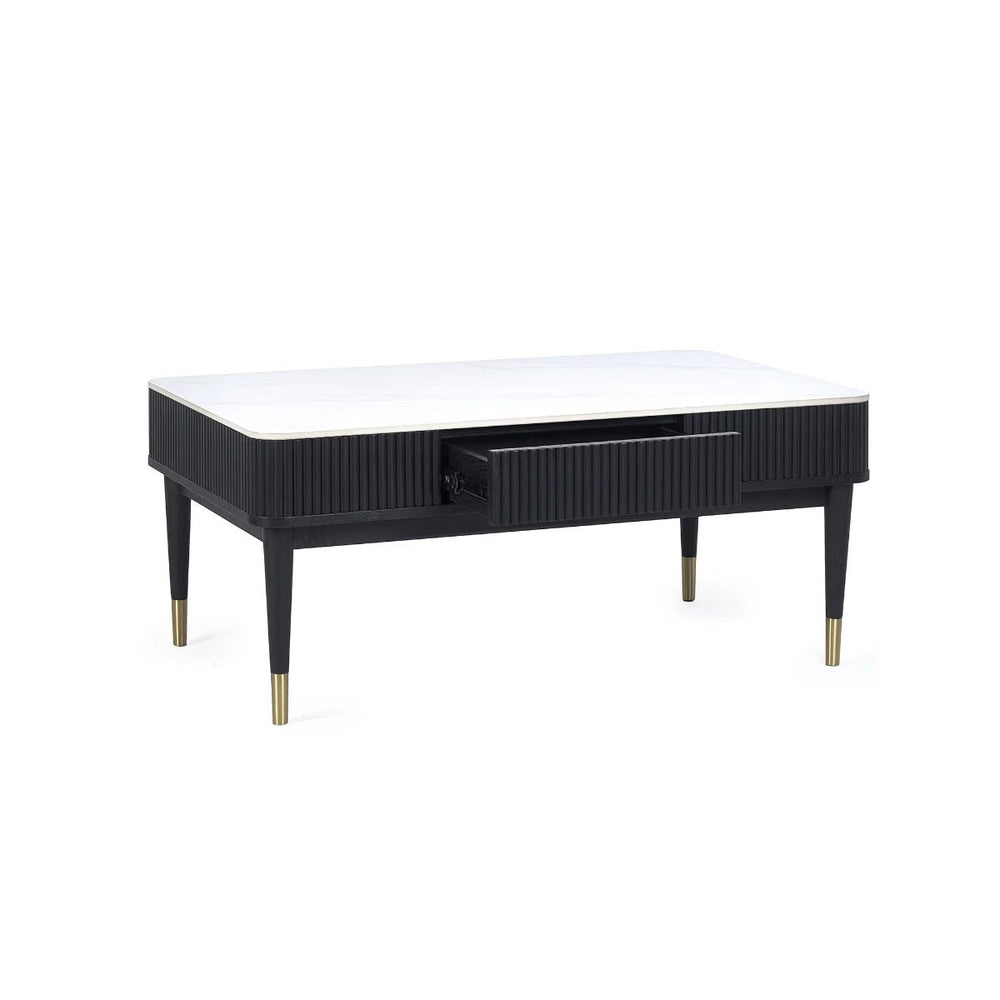 Louis Black Fluted Coffee Table with White Stone Effect Top & 2 Push-Touch Storage Drawers - Sleek Furniture
