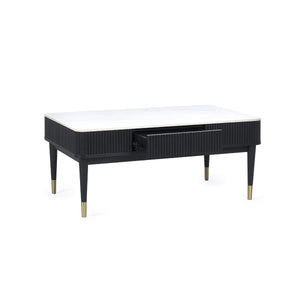 Louis Black Fluted Coffee Table with White Stone Effect Top & 2 Push-Touch Storage Drawers - Sleek Furniture