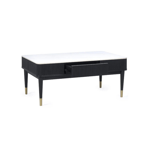 Louis Black Fluted Coffee Table with White Stone Effect Top & 2 Push-Touch Storage Drawers - Sleek Furniture