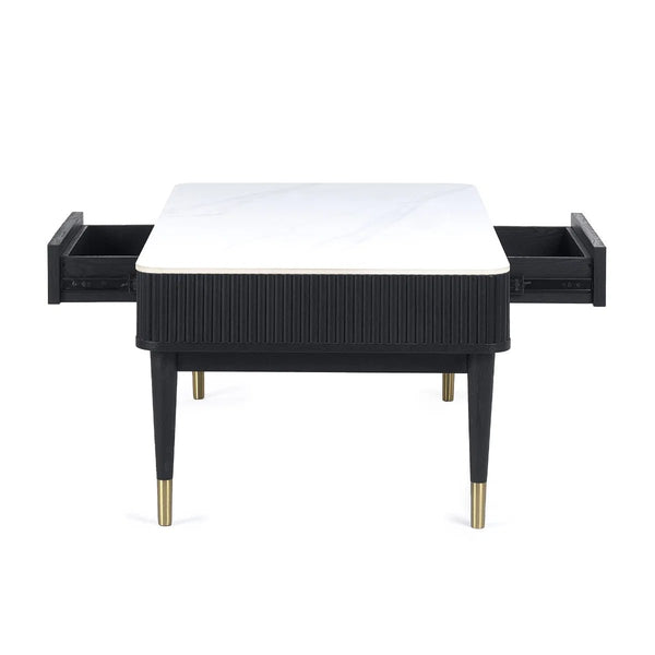 Louis Black Fluted Coffee Table with White Stone Effect Top & 2 Push-Touch Storage Drawers - Sleek Furniture