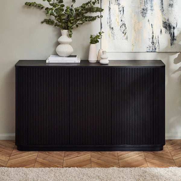 Louis Black Fluted Sideboard with 3 Push-Touch Doors – Modern Matt Black Storage Cabinet - Sleek Furniture