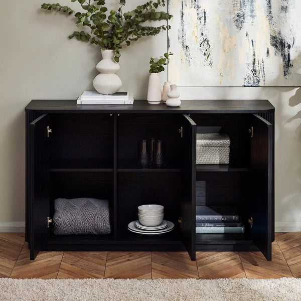 Louis Black Fluted Sideboard with 3 Push-Touch Doors – Modern Matt Black Storage Cabinet - Sleek Furniture
