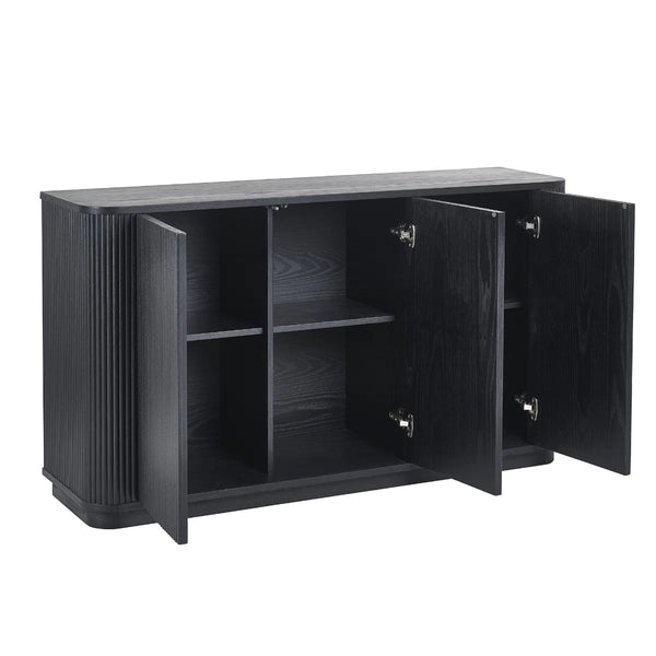 Louis Black Fluted Sideboard with 3 Push-Touch Doors – Modern Matt Black Storage Cabinet - Sleek Furniture