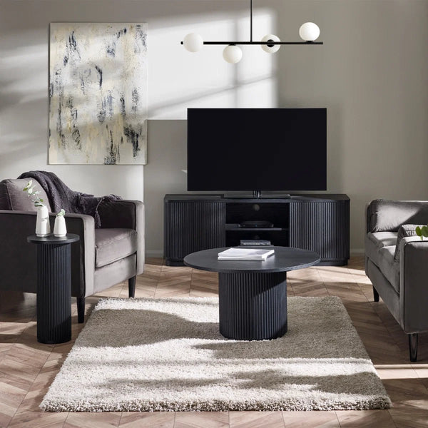 Louis Black Fluted Tv UnitLouis Black Fluted TV Unit with Push-Touch Cupboards – Modern Matt Black Entertainment Cabinet 150cm - Sleek Furniture