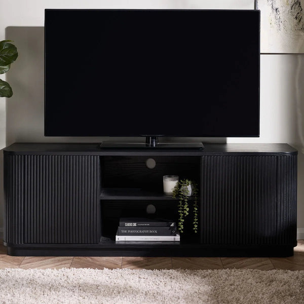 Louis Black Fluted Tv UnitLouis Black Fluted TV Unit with Push-Touch Cupboards – Modern Matt Black Entertainment Cabinet 150cm - Sleek Furniture
