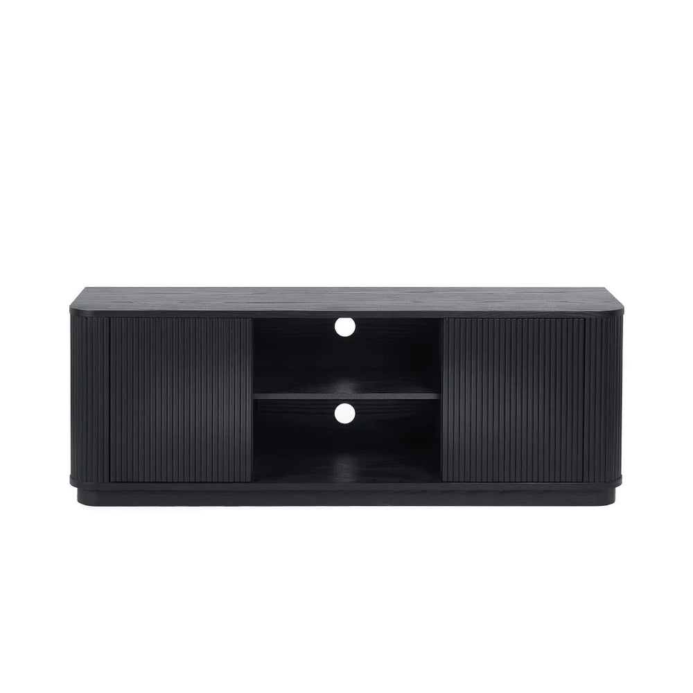 Louis Black Fluted Tv UnitLouis Black Fluted TV Unit with Push-Touch Cupboards – Modern Matt Black Entertainment Cabinet 150cm - Sleek Furniture