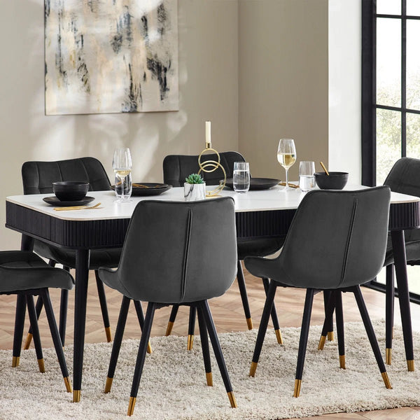 Louis Fluted Stone Effect Dining Table with Drawers – White Marble Effect Top & Matt Black Base (160cm) - Sleek Furniture