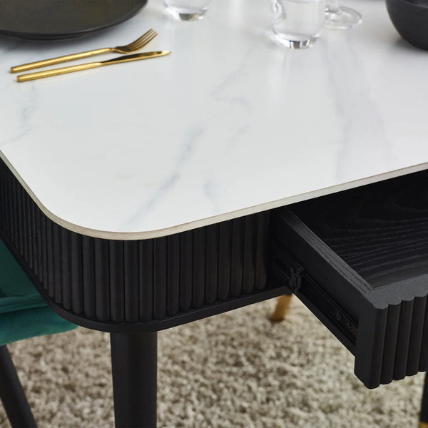 Louis Fluted Stone Effect Dining Table with Drawers – White Marble Effect Top & Matt Black Base (160cm) - Sleek Furniture
