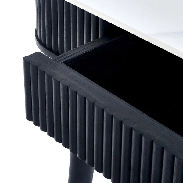 Louis Fluted Stone Effect Dining Table with Drawers – White Marble Effect Top & Matt Black Base (160cm) - Sleek Furniture