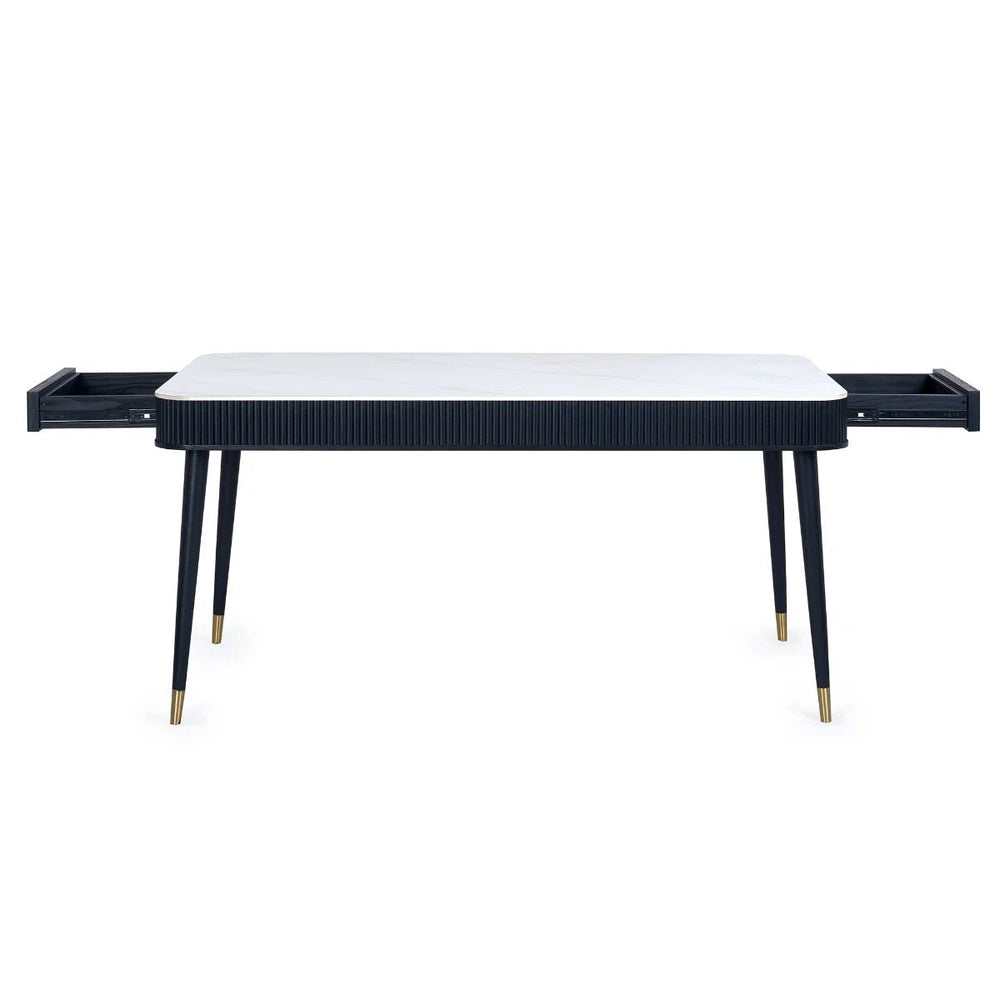 Louis Fluted Stone Effect Dining Table with Drawers – White Marble Effect Top & Matt Black Base (160cm) - Sleek Furniture