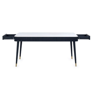 Louis Fluted Stone Effect Dining Table with Drawers – White Marble Effect Top & Matt Black Base (160cm) - Sleek Furniture