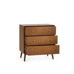 Lowry 3 Drawer Chest – Retro Cherry Ash Wood Veneer Storage Chest with 3 Spacious Drawers & Gold Accent Handles - Sleek Furniture