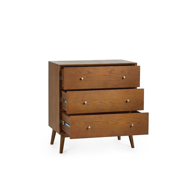 Lowry 3 Drawer Chest – Retro Cherry Ash Wood Veneer Storage Chest with 3 Spacious Drawers & Gold Accent Handles - Sleek Furniture
