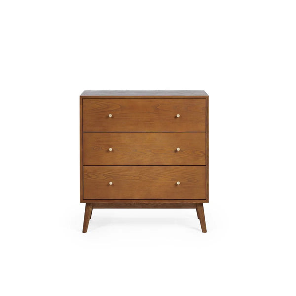 Lowry 3 Drawer Chest – Retro Cherry Ash Wood Veneer Storage Chest with 3 Spacious Drawers & Gold Accent Handles - Sleek Furniture