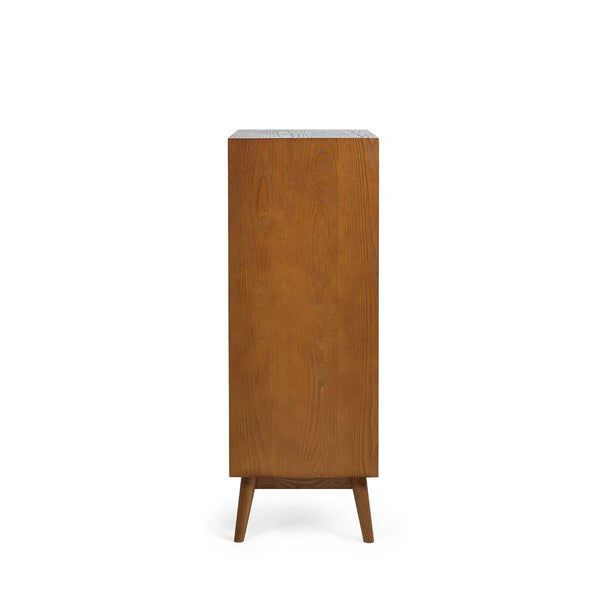 Lowry 5 Drawer Chest – Mid-Century Cherry Ash Veneer Bedroom Storage Cabinet with Gold Knob Handles - Sleek Furniture
