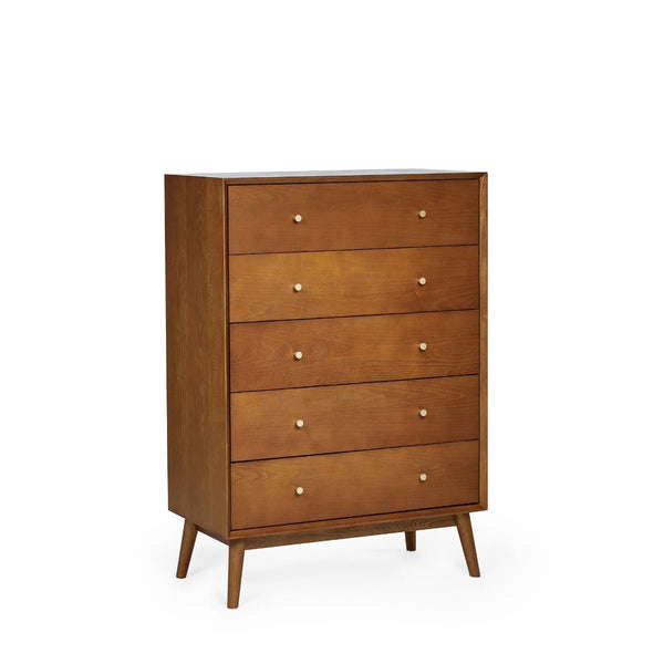 Lowry 5 Drawer Chest – Mid-Century Cherry Ash Veneer Bedroom Storage Cabinet with Gold Knob Handles - Sleek Furniture