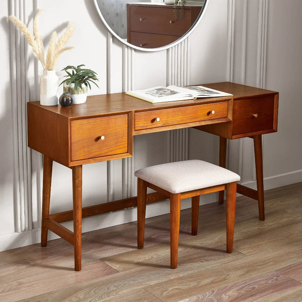 Lowry Mid-Century Cherry Ash Dressing Table & Upholstered Stool Set with 3 Drawers - Sleek Furniture