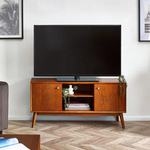 Lowry Retro Cherry Ash Wood Veneer Media Unit with Soft-Close Cupboards – 120cm TV Stand & Entertainment Storage Cabinet - Sleek Furniture