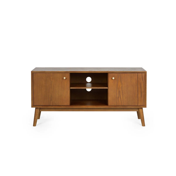 Lowry Retro Cherry Ash Wood Veneer Media Unit with Soft-Close Cupboards – 120cm TV Stand & Entertainment Storage Cabinet - Sleek Furniture