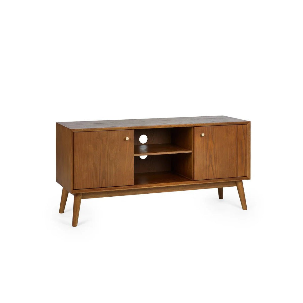 Lowry Retro Cherry Ash Wood Veneer Media Unit with Soft-Close Cupboards – 120cm TV Stand & Entertainment Storage Cabinet - Sleek Furniture