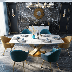 LUCI Marble Dining Table with Gold Metal Base, Modern White Dining Table, Luxury Contemporary Kitchen & Dining Room Table - Sleek Furniture