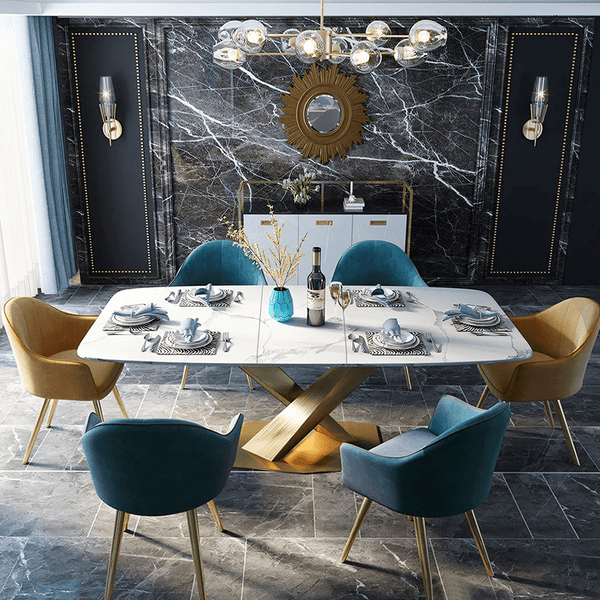 LUCI Marble Dining Table with Gold Metal Base, Modern White Dining Table, Luxury Contemporary Kitchen & Dining Room Table - Sleek Furniture