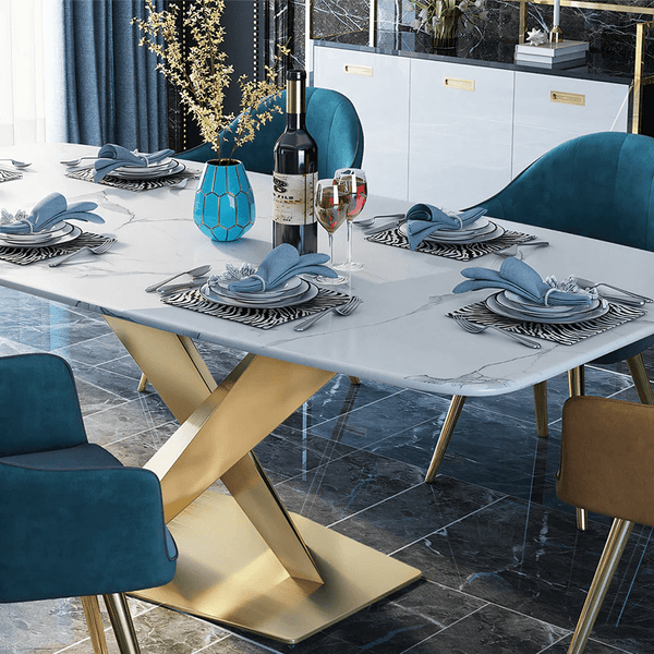 LUCI Marble Dining Table with Gold Metal Base, Modern White Dining Table, Luxury Contemporary Kitchen & Dining Room Table - Sleek Furniture