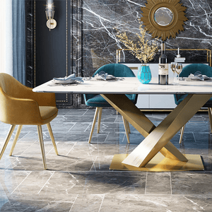 LUCI Marble Dining Table with Gold Metal Base, Modern White Dining Table, Luxury Contemporary Kitchen & Dining Room Table - Sleek Furniture
