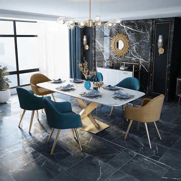LUCI Marble Dining Table with Gold Metal Base, Modern White Dining Table, Luxury Contemporary Kitchen & Dining Room Table - Sleek Furniture