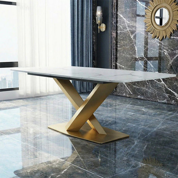 LUCI Marble Dining Table with Gold Metal Base, Modern White Dining Table, Luxury Contemporary Kitchen & Dining Room Table - Sleek Furniture