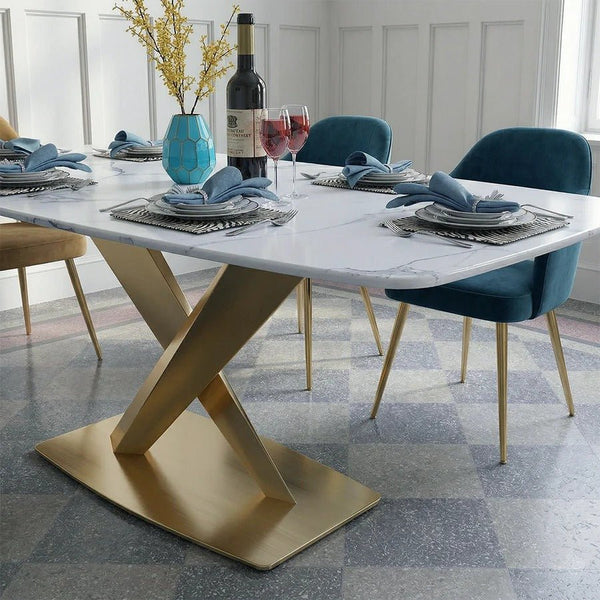 LUCI Marble Dining Table with Gold Metal Base, Modern White Dining Table, Luxury Contemporary Kitchen & Dining Room Table - Sleek Furniture