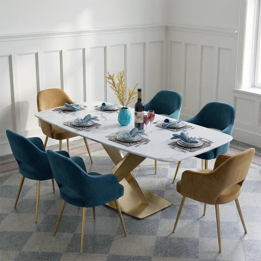 LUCI Marble Dining Table with Gold Metal Base, Modern White Dining Table, Luxury Contemporary Kitchen & Dining Room Table - Sleek Furniture