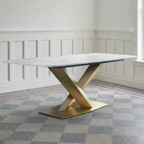 LUCI Marble Dining Table with Gold Metal Base, Modern White Dining Table, Luxury Contemporary Kitchen & Dining Room Table - Sleek Furniture