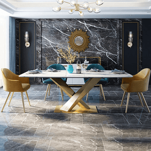 LUCI Marble Dining Table with Gold Metal Base, Modern White Dining Table, Luxury Contemporary Kitchen & Dining Room Table - Sleek Furniture