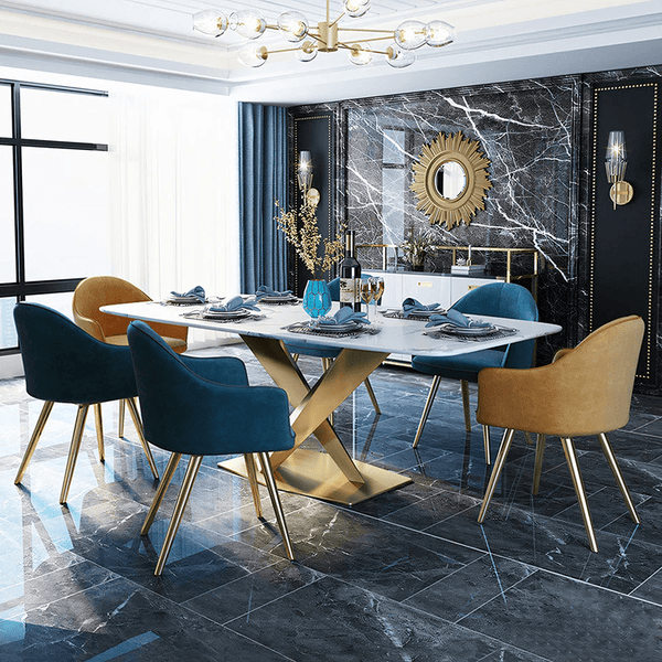 LUCI Marble Dining Table with Gold Metal Base, Modern White Dining Table, Luxury Contemporary Kitchen & Dining Room Table - Sleek Furniture