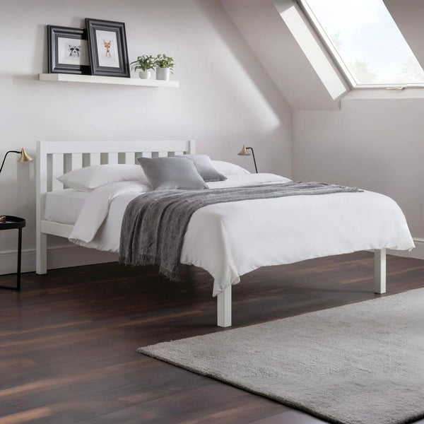 Luna 135cm Double Wooden Bed Frame in Surf White Solid Pine with Slatted Base - Sleek Furniture